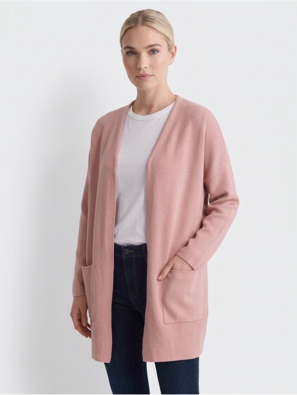 Nina Leonard Blush Pink V-Neck Long Cardigan Sweater with Pockets